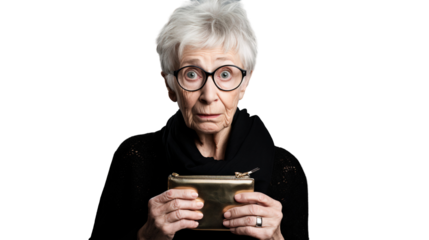 Portrait of an elderly woman holding an empty wallet and shocked isolated on transparent background