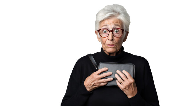 Portrait of an elderly woman holding an empty wallet and shocked isolated on transparent background