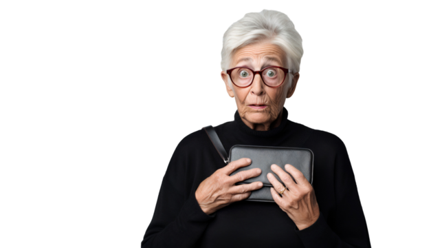 Portrait of an elderly woman holding an empty wallet and shocked isolated on transparent background