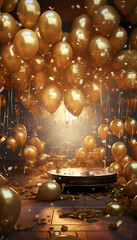 End of the year party atmosphere, no human, background, gold and glitter, balloons, shining, rich, hyperrealistic, photorealistic, 8k