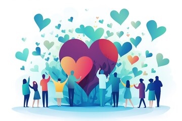 Charity illustration concept with abstract, diverse persons, hands and hearts. Community compassion, love, and support towards those in need. 
