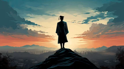 Fotobehang A graduate surveys the city from a higher vantage point at dawn, symbolizing the beginning of a new day and future endeavors. © Liana