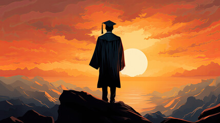 A graduate stands silhouetted against a sunset, marking the end of an academic journey and the warm glow of achievements to come.