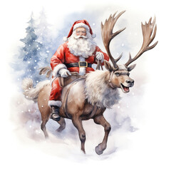 Santa riding a Reindeer For Christmas Event. Watercolor Style. AI Generated
