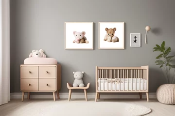 Fotobehang Stylish scandinavian newborn baby room with brown wooden mock up poster frame, toys, plush animal and child accessories © Ariawan