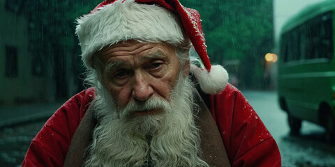 santa claus in costume, emotions of sadness, regret, disappointment. portraying a good person in christmas drama of desperation, poverty or hopelessness on rainy day