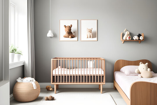 Stylish scandinavian newborn baby room with brown wooden mock up poster frame, toys, plush animal and child accessories.