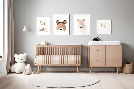 Stylish scandinavian newborn baby room with brown wooden mock up poster frame, toys, plush animal and child accessories. 3d rendering.