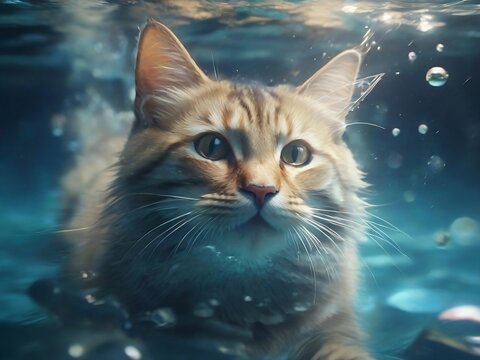 Enchanting image of a cat swimming gracefully underwater, capturing a unique and captivating moment: moment of the cat swims in the water. Cute pets.