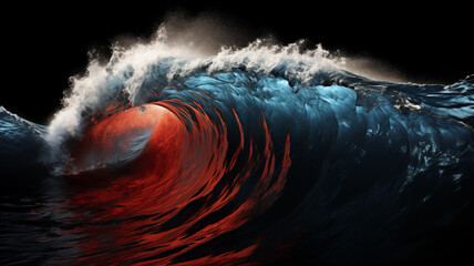 Red and blue ocean waves on dark background - obrazy, fototapety, plakaty