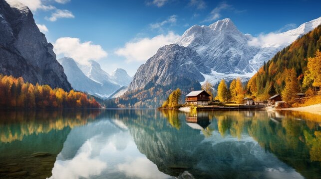Tranquil Autumn Landscape Reflecting Majestic Mountain Range in Calm Lake generated by AI tool © Aqsa