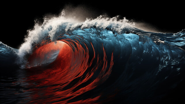 Red and blue ocean waves on dark background