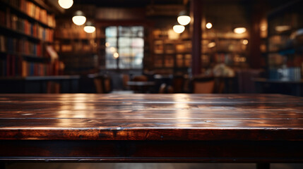 Dark mahogany empty desk up close, the interior of a vintage bookstore on a blurred background...