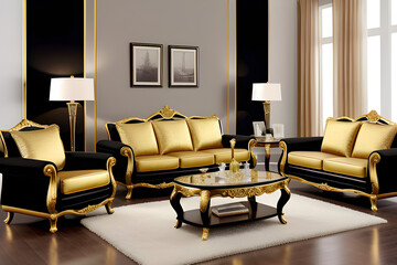 Luxury premium black stylish living room with two armchairs and a golden brass table