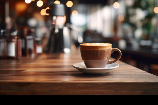 Vintage-inspired empty cafe table in focus, the interior of a hipster coffee spot with a blurred background of baristas brewing artisanal coffee...