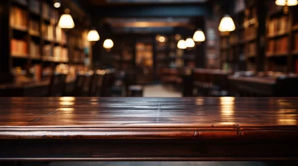 Fototapeten Dark mahogany empty desk up close, the interior of a vintage bookstore on a blurred background... © Kuo