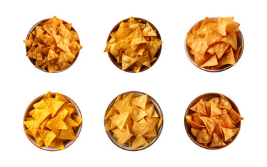 Collection set of nacho chips in a bowl isolated on a transparent background, top view