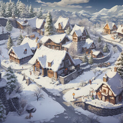 A peaceful village covered in snow.