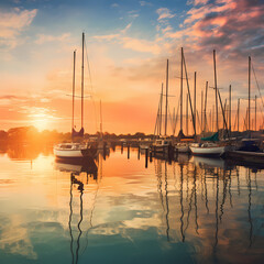 A row of sailboats in a tranquil harbor