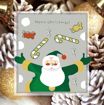 Illustration of a green funny Santa Claus with a photo of pine cones and gold ball ornaments in the background. This image is perfect for Christmas party posters and gift wrapping.