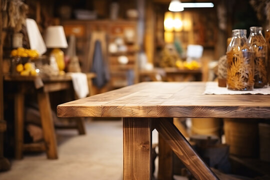 Rustic wooden empty table close-up, the interior of a cozy country gift shop with a hint of handmade crafts in the background, ready for a promotion of unique and personalized gifts...