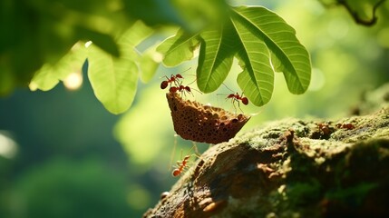 Ants nest with that build nest to prepare for eggs ant In nature day light. Ant red big Is acting as guard to keep nest safe. is made of large, green leaves hanging on branches of trees in forest.