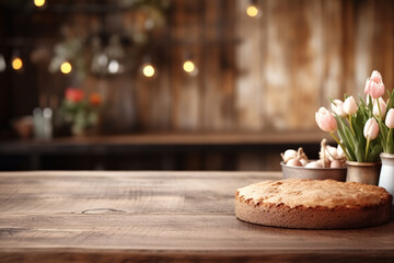 Rustic wooden empty table close-up, the interior of a farmhouse-style bakery with a hint of  antique decor in the background, ready for a warm and inviting atmosphere... - obrazy, fototapety, plakaty