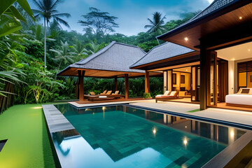 A high hill luxury villa residence located in Ubud, Bali. Stylish gentle calming outdoor view