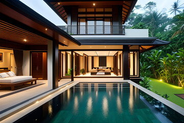 Fototapeta premium A high hill luxury villa residence located in Ubud, Bali. Stylish gentle calming outdoor view. Luxury hotel pool at night