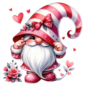 Lively watercolor Valentine gnome, oversized hat artfully hiding one eye, in a whimsical cartoon format , PNG transparent background