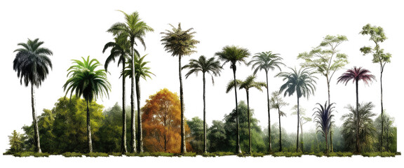 a bunch of tropical trees forest in a line, the tree are various isolated on transparent background - obrazy, fototapety, plakaty