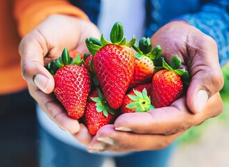 Compartiendo la Generosidad de la Tierra. Primer plano de dos manos ofreciendo fresas y frambuesas.