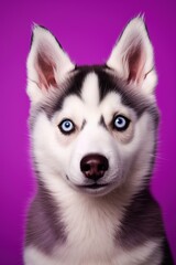 Obraz premium A close-up portrait of a husky dog with blue eyes and a purple background