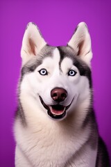 A close-up portrait of a husky dog with blue eyes and a purple background