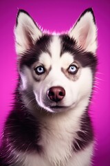 A close-up portrait of a husky dog with blue eyes and a purple background