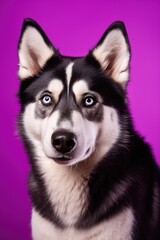 Fototapeta premium A close-up portrait of a husky dog with blue eyes and a purple background