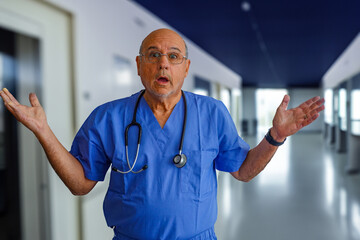 Bald doctor in a hospital wearing blue scrubs holding his hands up in disbelief with a surprised...