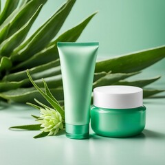 green color cosmetic cream containers /tubes  mockup product photograph isolated in green background, cactus  and Aloe Vera plants in background.