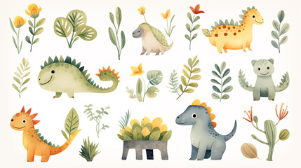 Watercolor cute Dino set with trees, plants, and other elements on a white background.