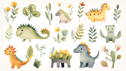 Obraz premium Watercolor cute Dino set with trees, plants, and other elements on a white background.