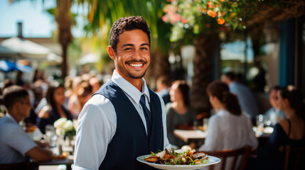 portrait of a smiling waiter working at a daytime event holding a plate - obrazy, fototapety, plakaty