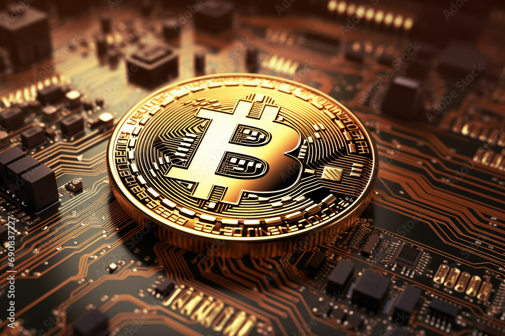Aufkleber bitcoin resting on a detailed computer circuit board