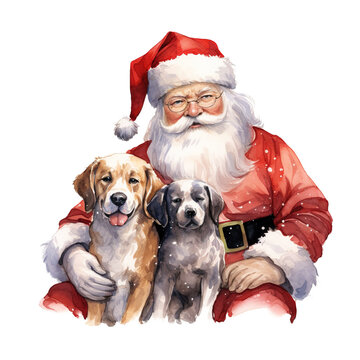 Santa and Dog For Christmas Event. Watercolor Style. AI Generated