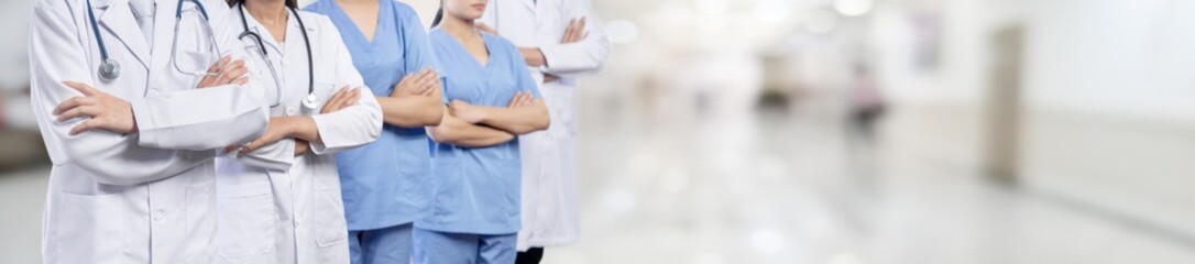 Confident medical staff team with doctor nurse and healthcare specialist professions people in...
