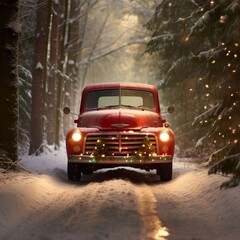 A Red Truck Driving Down A Snow Covered Road