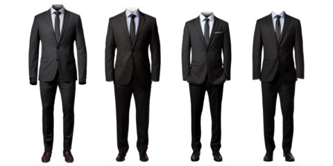 Collection of PNG. Full body a business suit mock up black isolated on a transparent background.