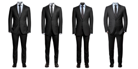 Collection of PNG. Full body a business suit mock up black isolated on a transparent background.