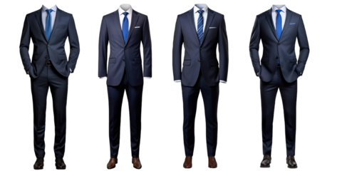 Collection of PNG. Full body a business suit mock up dark blue isolated on a transparent background.