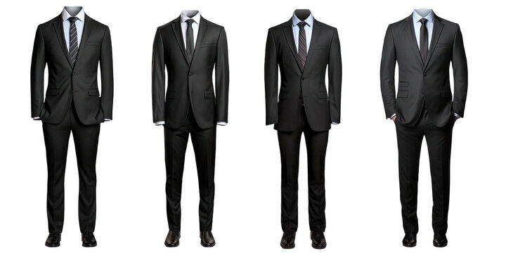 Collection of PNG. Full body a business suit mock up black isolated on a transparent background.