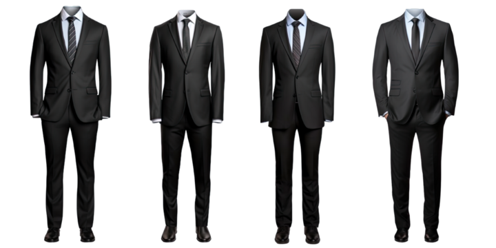 Collection of PNG. Full body a business suit mock up black isolated on a transparent background.